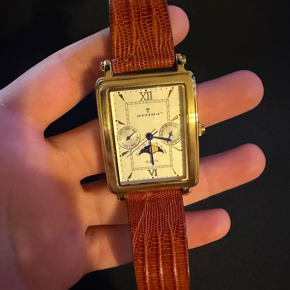 Ottimo Gold Rectangular Watch With Brown Leather … - image 1